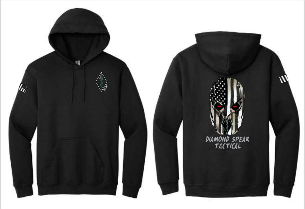 A black hoodie with a picture of a skull and an american flag.