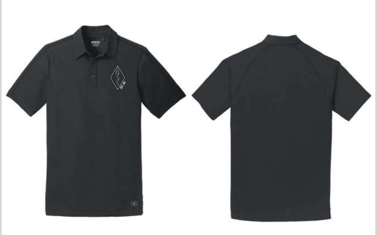 A black polo shirt with a logo on the chest.